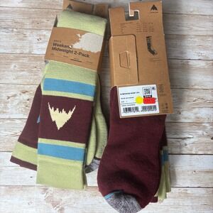 4pr Burton Weekend Midweight Socks 2-Pack Mens L Mushroom Green Maroon Snowboard